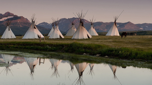 Teepees river field mountains horse free wallpaper for desktop - medium preview image
