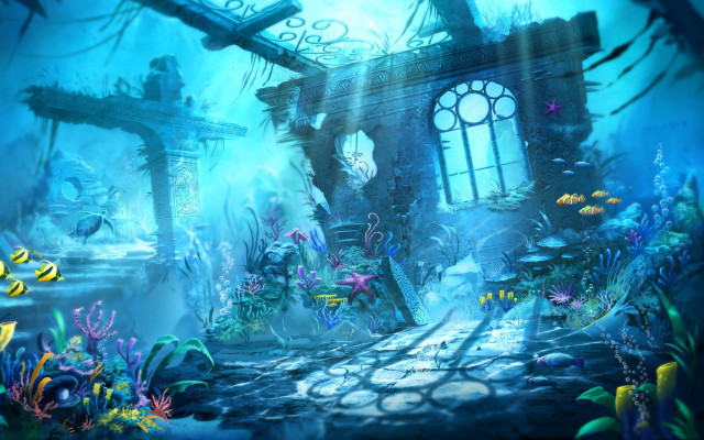 Underwater castle fish pond background free wallpaper for desktop - medium preview image