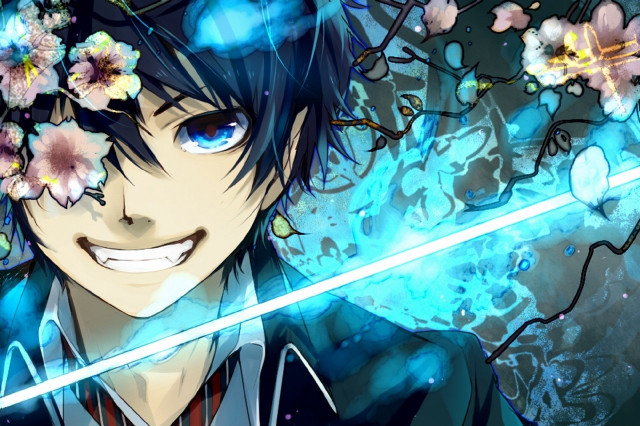 Man blue hair sword flowers free wallpaper for desktop - medium preview image