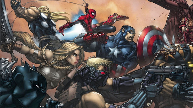 Avengers characters with guns action free wallpaper for desktop - medium preview image