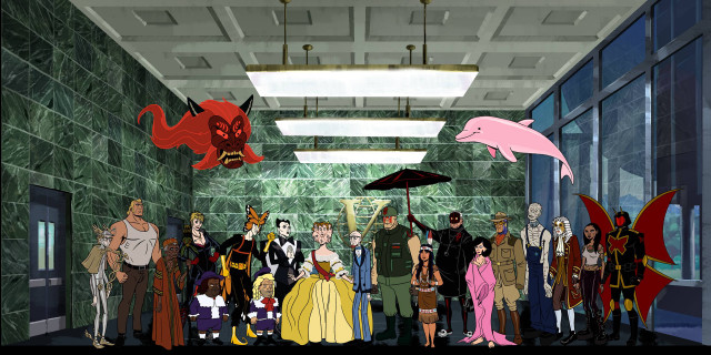 Group people hallway umbrellas costumes free wallpaper for desktop - medium preview image