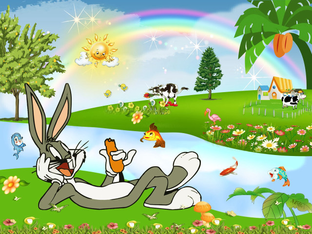 Cartoon rabbit sitting grass rainbow free wallpaper for desktop - medium preview image
