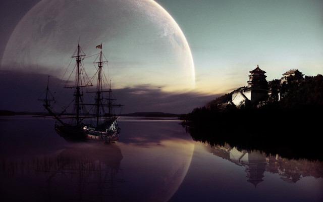 Ship sailing night full moon free wallpaper for desktop - medium preview image