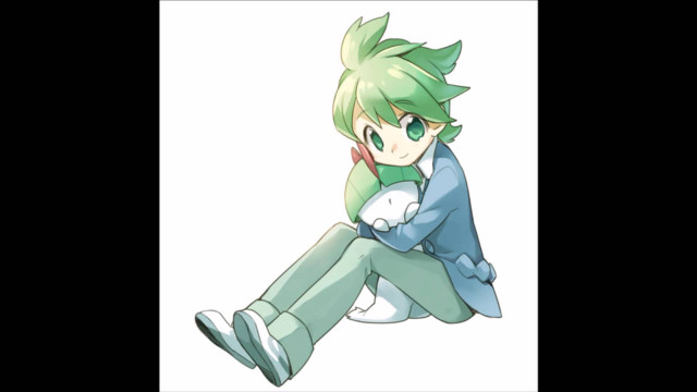 Green hair blue jacket sitting free wallpaper for desktop - medium preview image