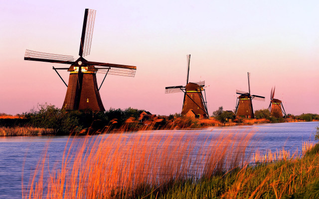 Windmills river sunset dawn clouds free wallpaper for desktop - medium preview image