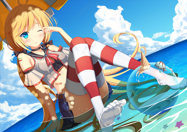 Anime girl bikini boots surfboard free wallpaper for desktop - medium preview image