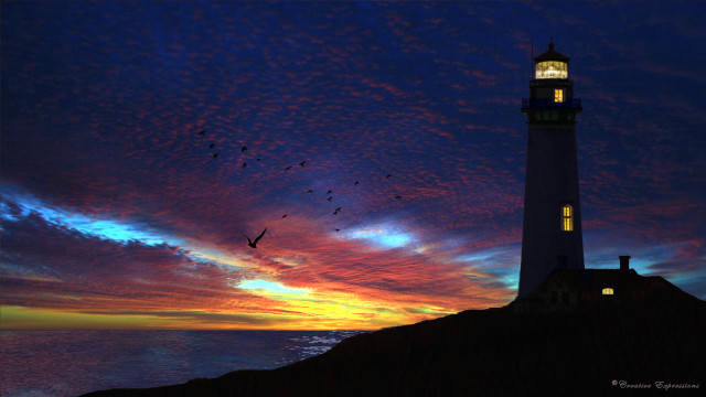 Lighthouse bird flying sunset colorful free wallpaper for desktop - medium preview image