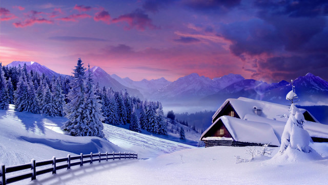 Snowy mountain cabin sunset clouds free wallpaper for desktop - medium preview image