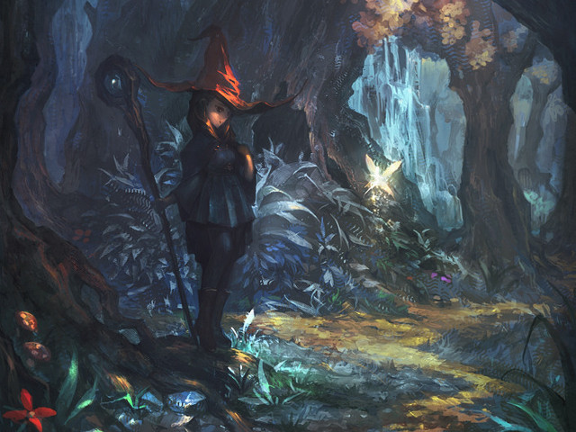 Woman forest hat staff painting free wallpaper for desktop - medium preview image