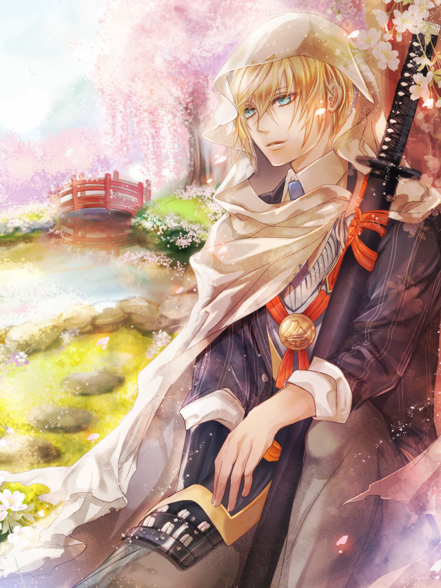Anime character bench sword flowered free wallpaper for mobile - medium preview image