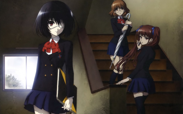 Anime girls staircase window background free wallpaper for desktop - medium preview image