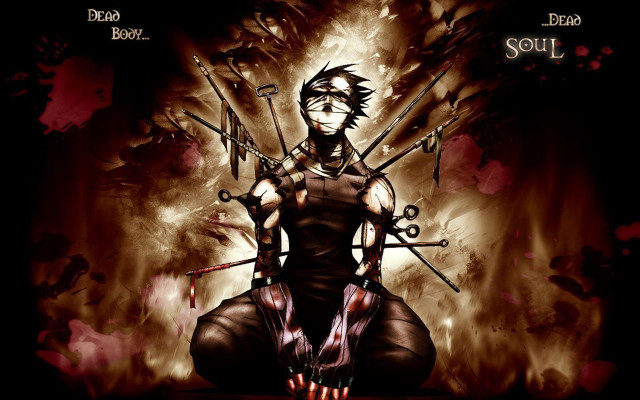 Man two swords sitting chair free wallpaper for desktop - medium preview image