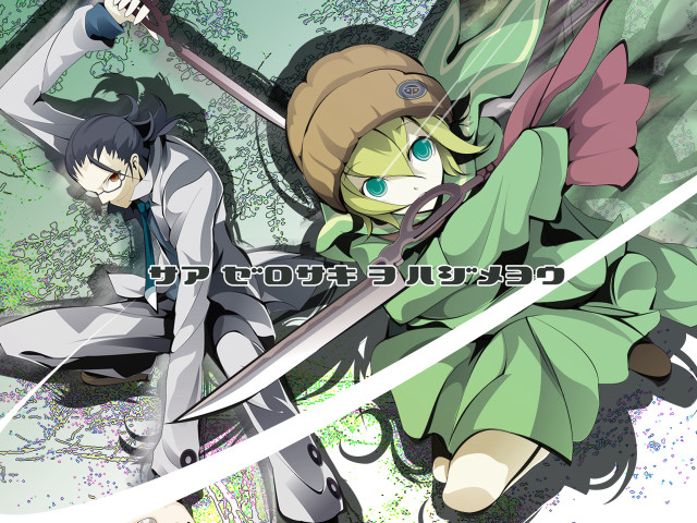 Anime characters swords holding camera free wallpaper for desktop - medium preview image