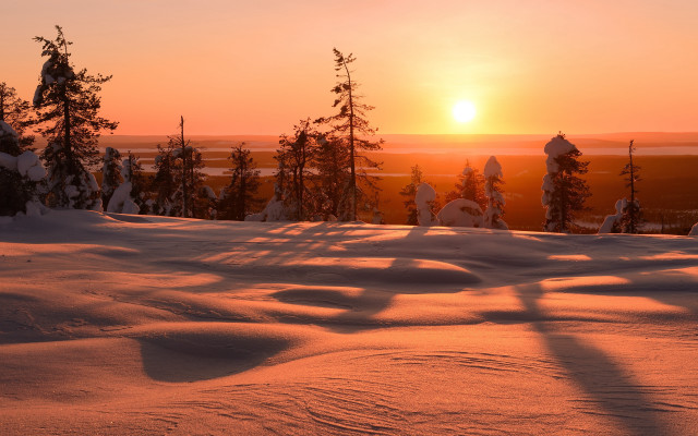 Sunset snowy landscape trees hills free wallpaper for desktop - medium preview image
