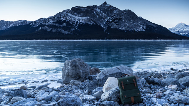 Suitcase rocky beach mountain lake free wallpaper for desktop - medium preview image