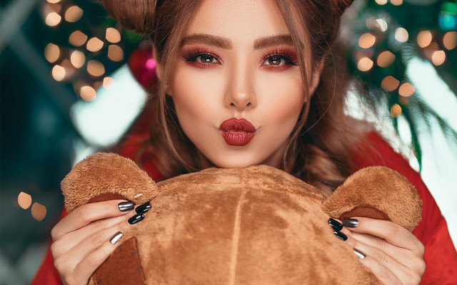 Woman teddy bear christmas tree free wallpaper for desktop - medium preview image