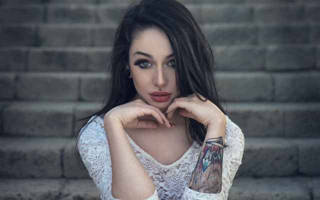 Tattooed woman stairs flowers brick free wallpaper for desktop - medium preview image