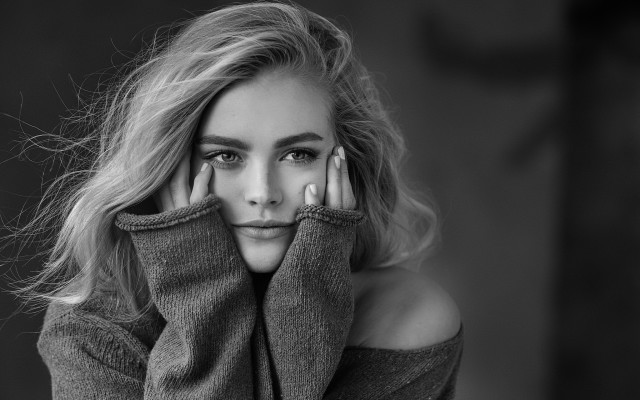 Woman hands face sweater blackwhite free wallpaper for desktop - medium preview image