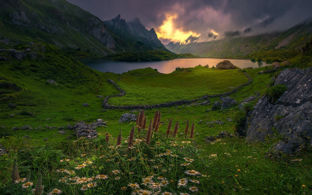 Flower lake mountains clouds sunset free wallpaper for desktop - medium preview image