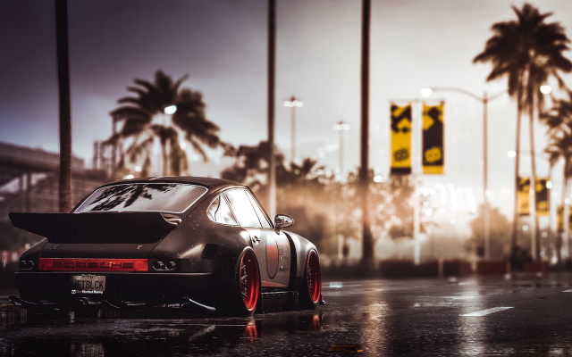 Wet street palm trees traffic free wallpaper for desktop - medium preview image