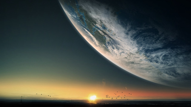 Large planet sunset birds horizon free wallpaper for desktop - medium preview image