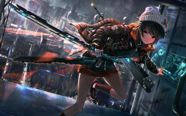 Cyberpunk girl cityscape sword beanie free wallpaper for desktop - medium preview image