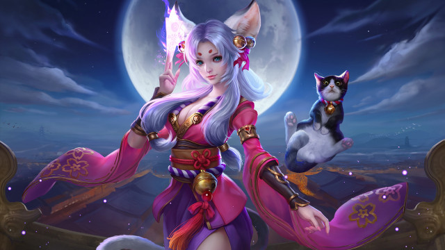 Pink dress woman cat fullmoon free wallpaper for desktop - medium preview image