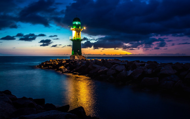 Lighthouse rocky shore night mystical free wallpaper for desktop - medium preview image