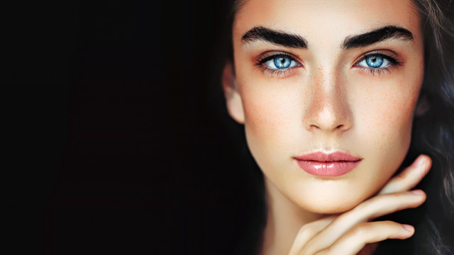 Woman blueeyes blackbackground photorealistic makeup free wallpaper for desktop - medium preview image