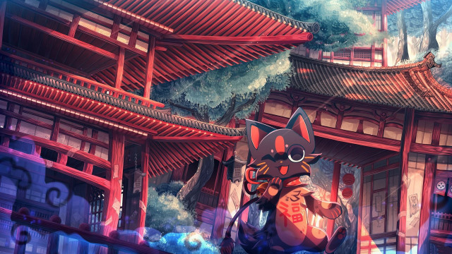 Cat building kyoto fox mask free wallpaper for desktop - medium preview image