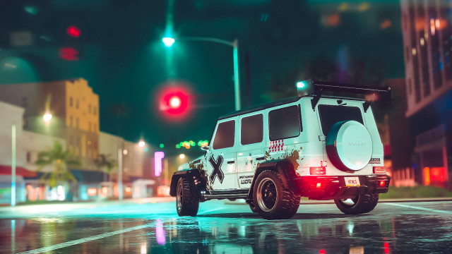 White jeep night city lights free wallpaper for desktop - medium preview image
