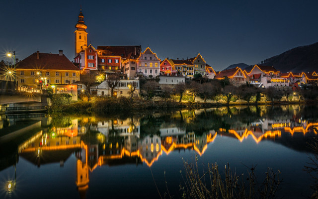 Heidelberg lake clocktower night cityscape free wallpaper for desktop - medium preview image