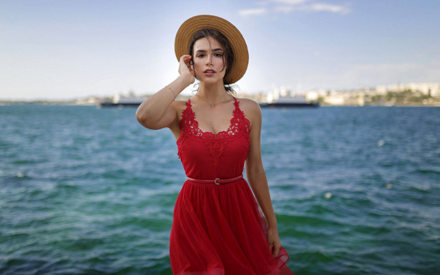 Woman red dress hat pier #3 free wallpaper for desktop - medium preview image