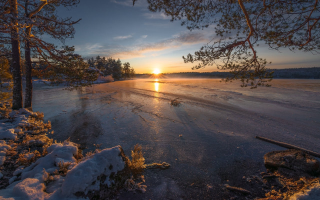 Sunset frozen lake trees snow free wallpaper for desktop - medium preview image