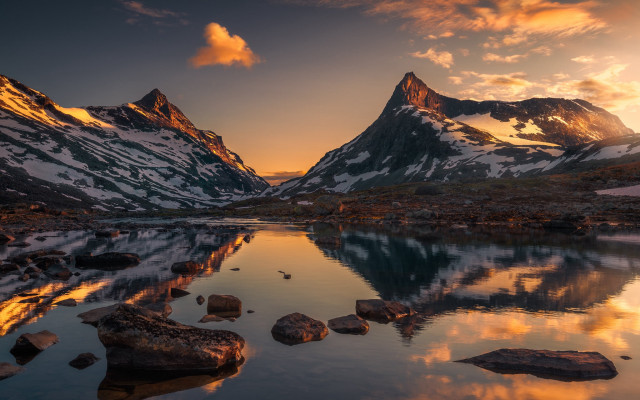 Mountain lake autumn sunset rocks free wallpaper for desktop - medium preview image