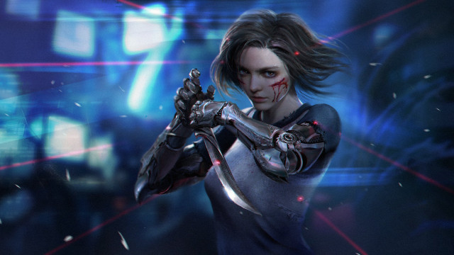 Futuristic woman cyberpunk armor blood free wallpaper for desktop - medium preview image