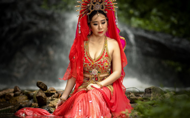 Woman red dress waterfall portrait #2 free wallpaper for desktop - medium preview image