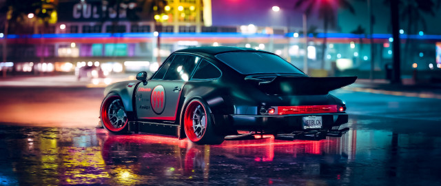 Black car wet street night free wallpaper for desktop - medium preview image