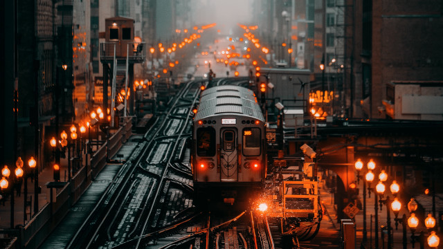 Train cityscape neon ember autumn free wallpaper for desktop - medium preview image