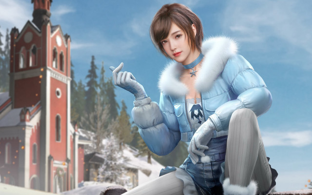 Woman sitting urban snow fur free wallpaper for desktop - medium preview image