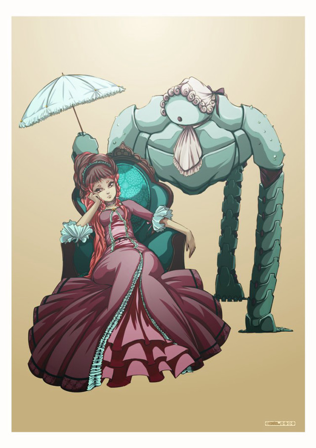 Woman dress giant robot umbrella free wallpaper for mobile - medium preview image