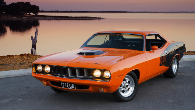 Orange muscle car lake sunset free wallpaper for desktop - medium preview image