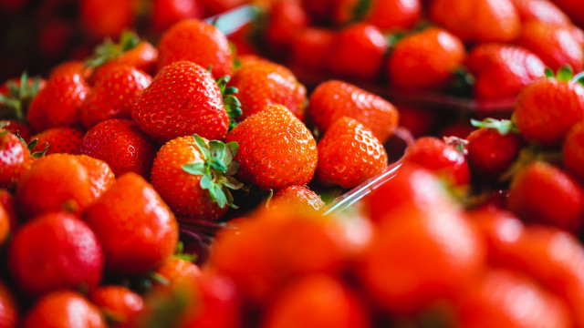 Strawberries bowl closeup blurry background free wallpaper for desktop - medium preview image