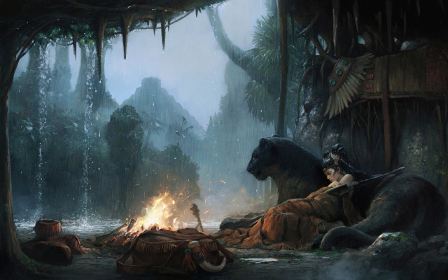 Firelight forest campfire snow starry free wallpaper for desktop - medium preview image