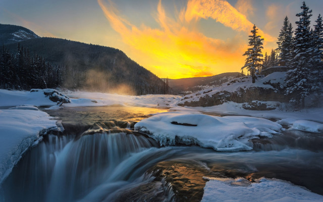 Snowy forest stream sunset clouds free wallpaper for desktop - medium preview image