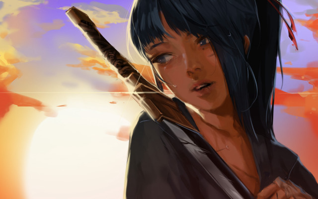 Woman sword sunset japanese clothes free wallpaper for desktop - medium preview image