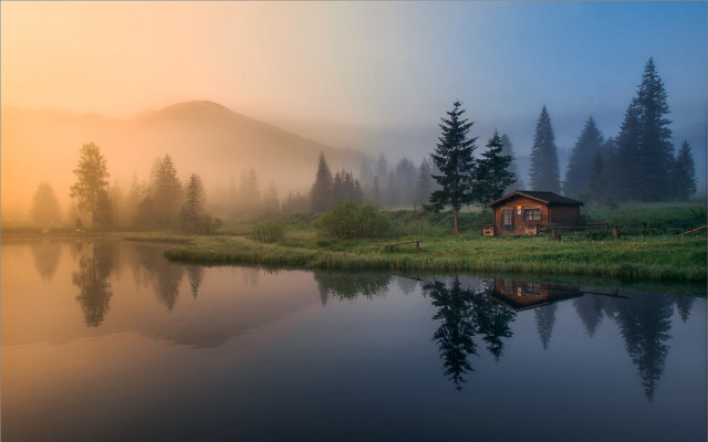 Small cabin lake mountains fog free wallpaper for desktop - medium preview image
