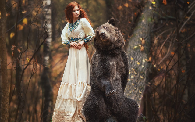 Woman white dress bear forest free wallpaper for desktop - medium preview image