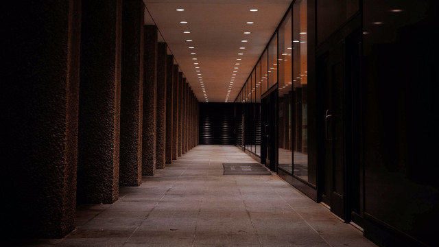 Long hallway brutalism clock tilt free wallpaper for desktop - medium preview image