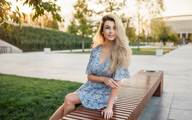 Park bench woman blonde floral free wallpaper for desktop - medium preview image